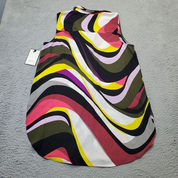 Dana Buchman Blouse Top Womens Large Multi Geometric Slit Collared‎ Button Front - Picture 2 of 9